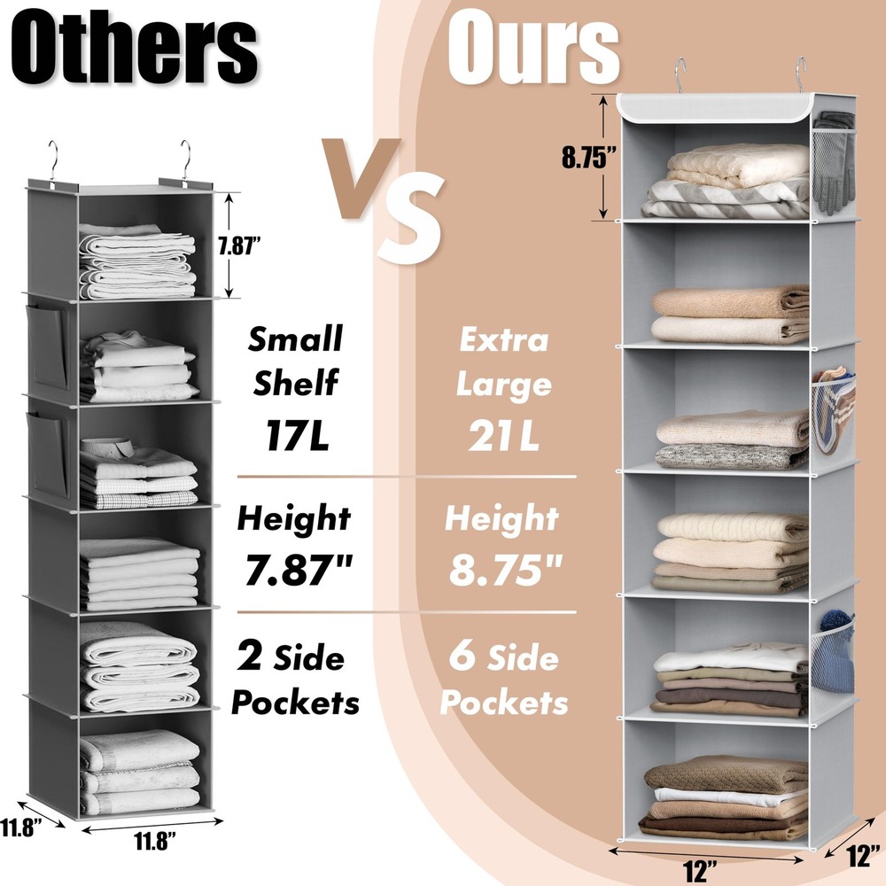 6 Shelf Hanging Closet Organizer, Gray
