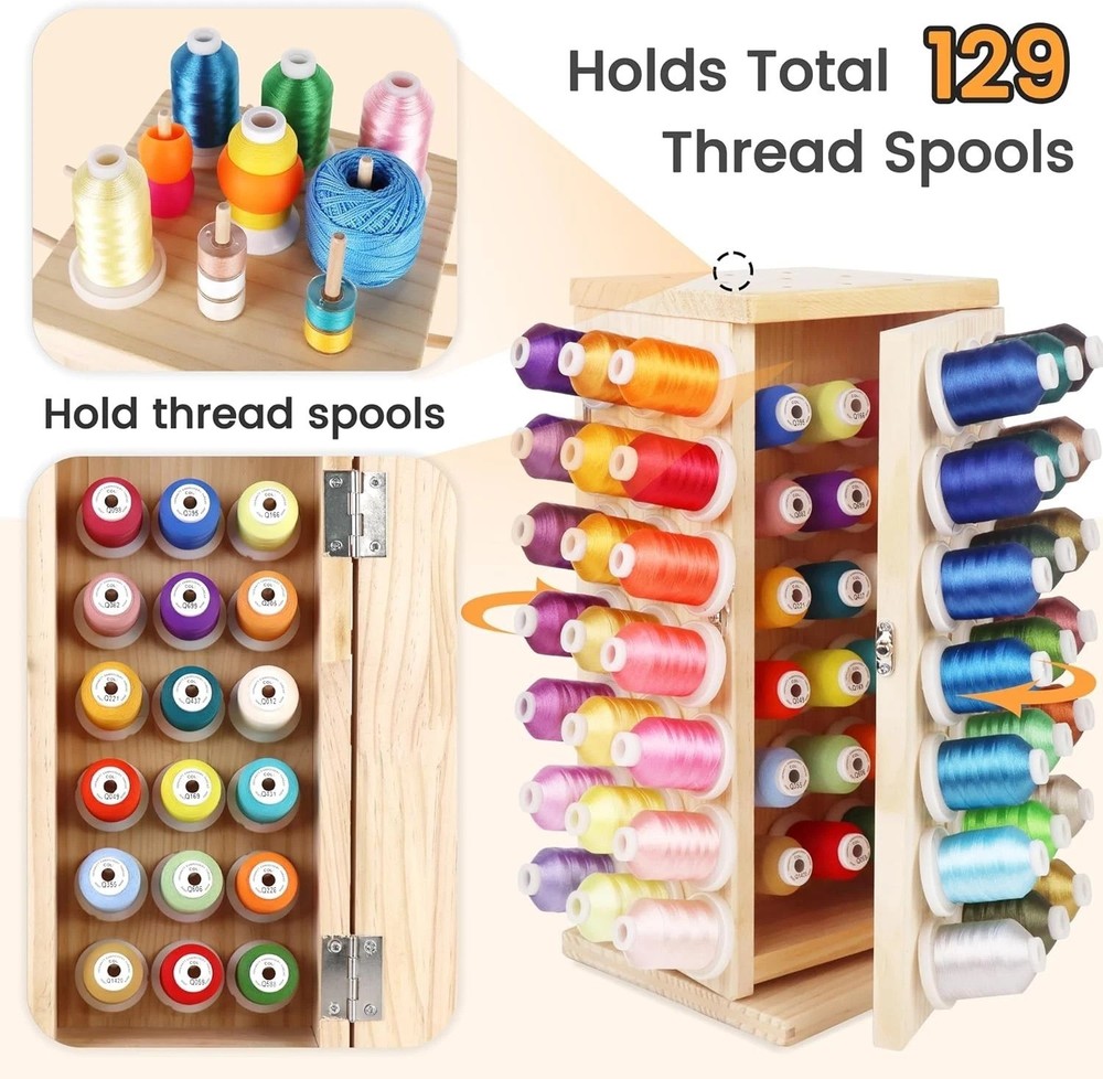 Versatile 360° Wooden Thread Rack: Organize 129 Spools for Sewing & Embroidery