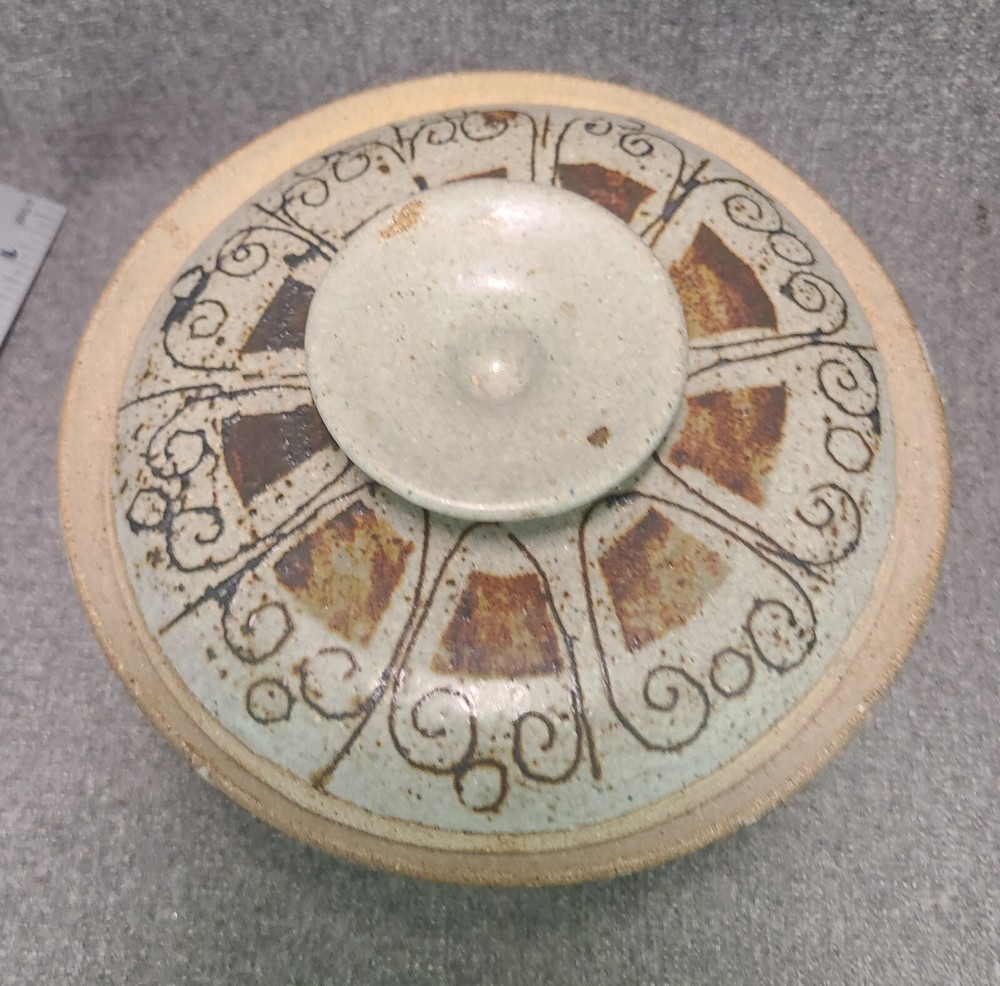 Studio Pottery Covered Dish Cream & Brown