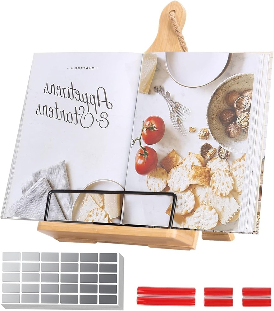 Rustic Wooden Cookbook Stand with Measurement Chart - Space-Saving & Adjustable