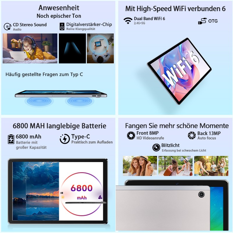 11 inch Android 14 Tablets 10+128GB IPS HD Touchscreen Octa-Core Dual Camera