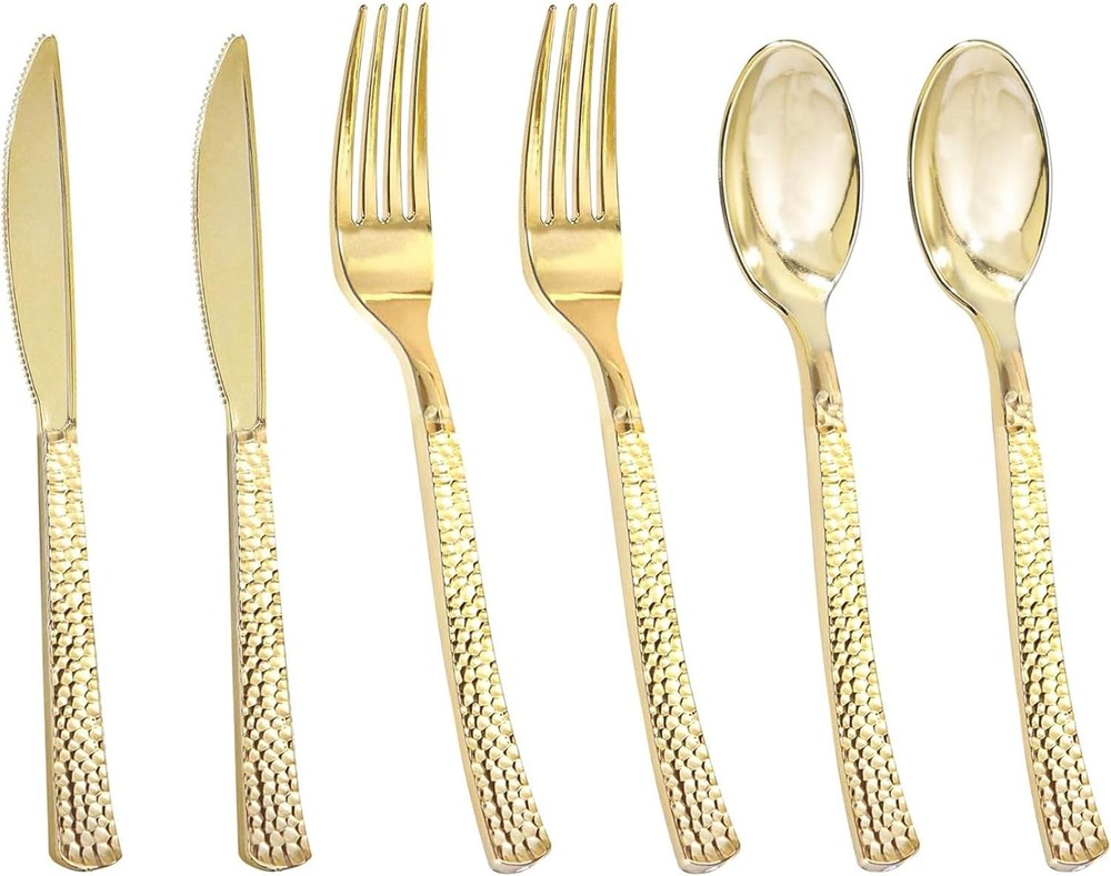 Gold Hmered Plastic Sierware - Heavy Duty Plastic Cutlery -