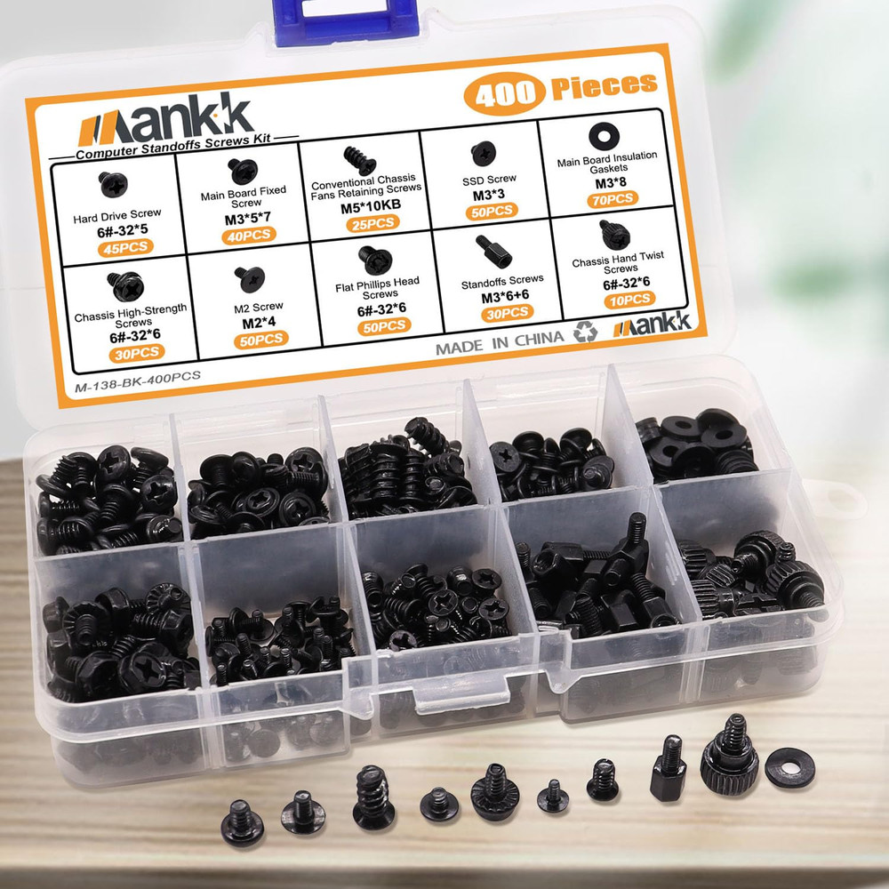 400Pcs PC Computer Screws Kit Motherboard Standoffs Case Fan SSD CD-ROM Set