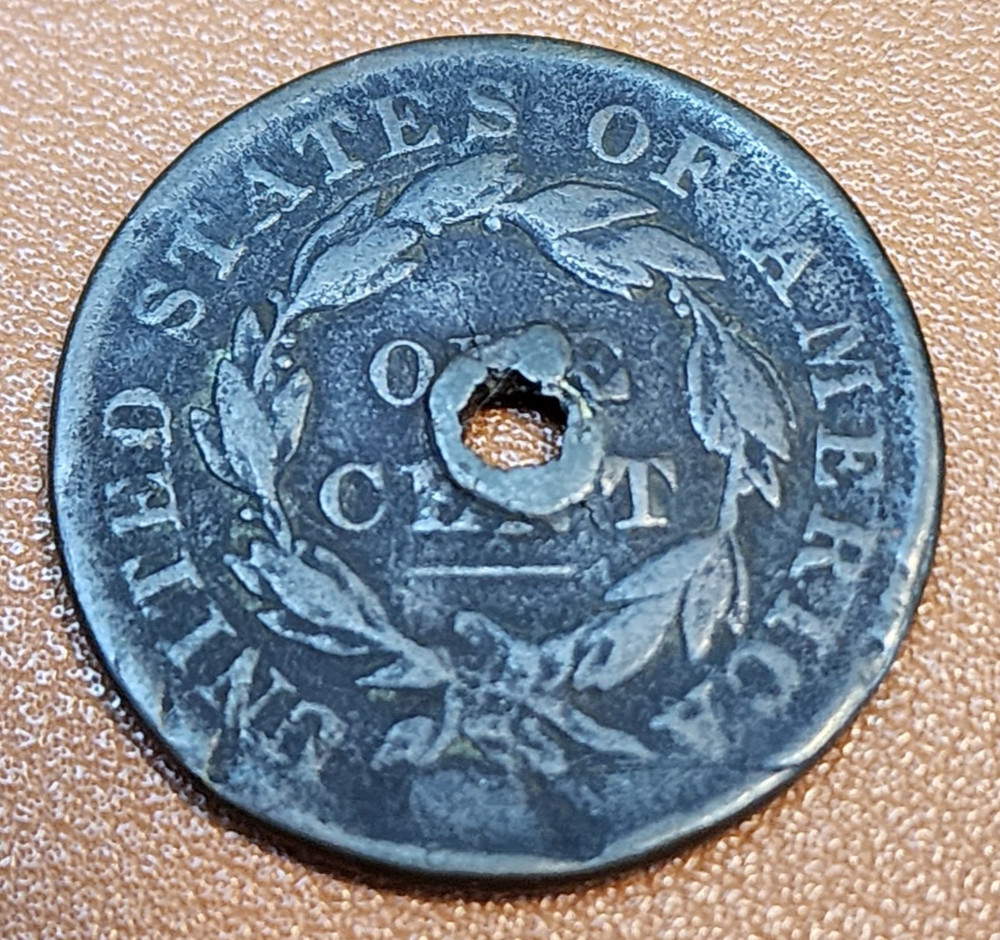 2 Coins - Both 1838 Coronet Head Large Cent Penny - Holed