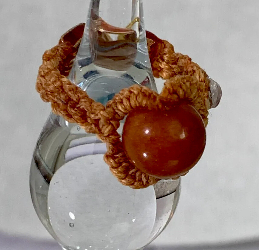 Handcrafted Tan Macramé Ring with Red Agate Stone Bead, Clamp Closure, Jump Ring