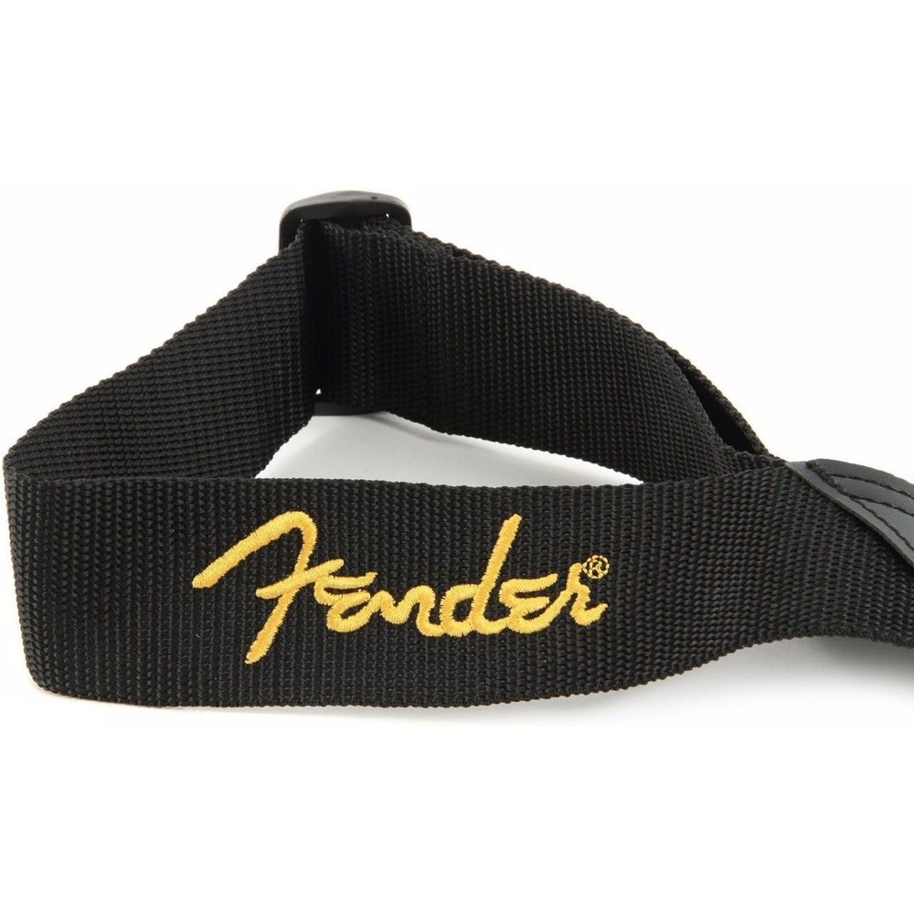 Fender Poly Guitar Strap with Leather Ends, Black w/ Yellow Logo