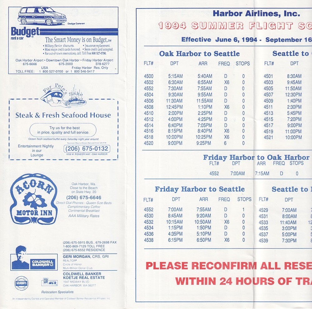 Harbor Airlines timetable 1994/06/06