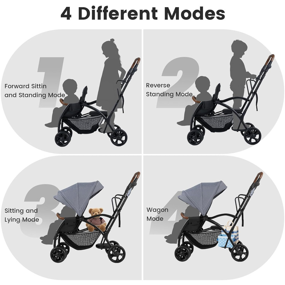 Versatile Sit and Stand Double Stroller with Reclining Backrest & Storage Basket