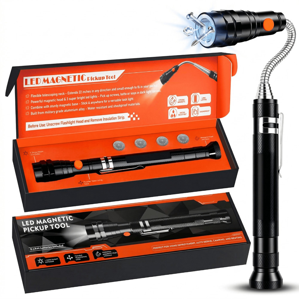 LED Magnetic Pickup Tools Telescoping Flashlights with Extendable Magnet Stick