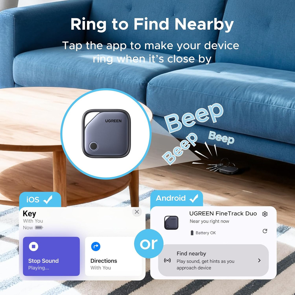 Finder Duo (Ios and Android) Air Tracker Tags 4 Pack, Rechargeable Bluetooth Tra