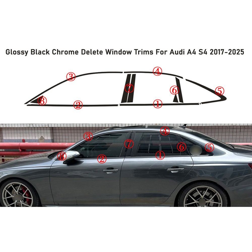 Glossy Black Chrome Delete Window Trims For Audi A4 S4 2017-2025