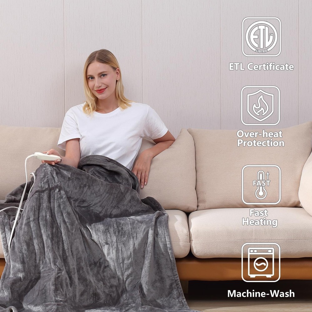 Tefici Electric Heated Blanket Throw, Super Cozy Soft 2-Layer Grey