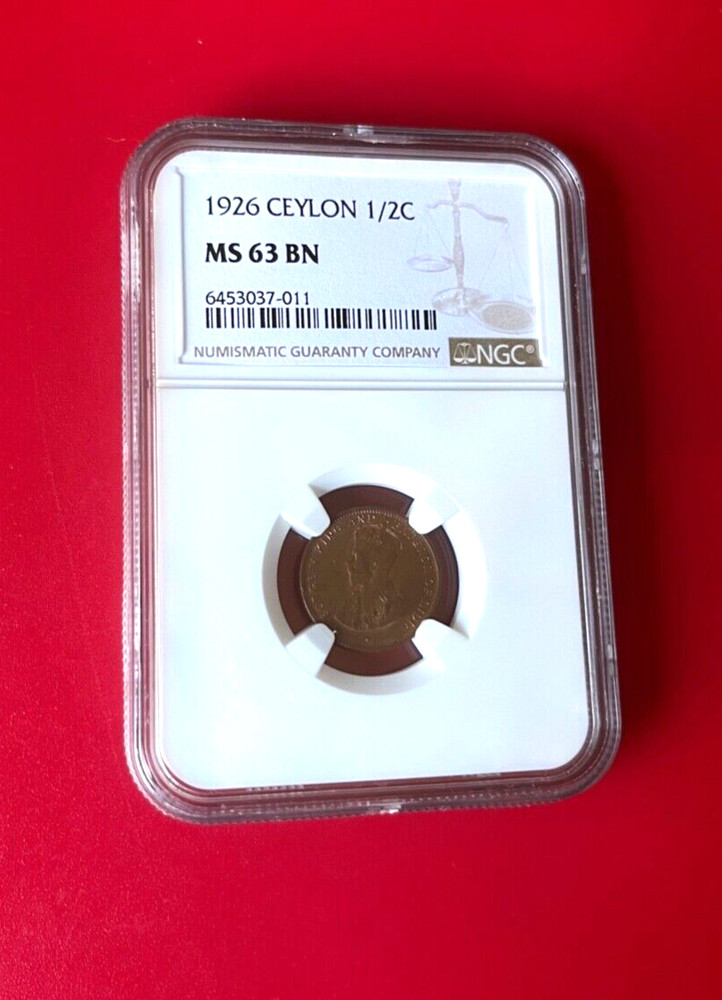 1926 CEYLON 1/2 CENT NGC MS 63 BN