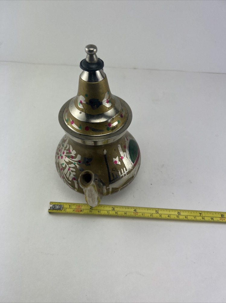 Vintage Ornate Small Middle Eastern Brass & Silver Tea Pot