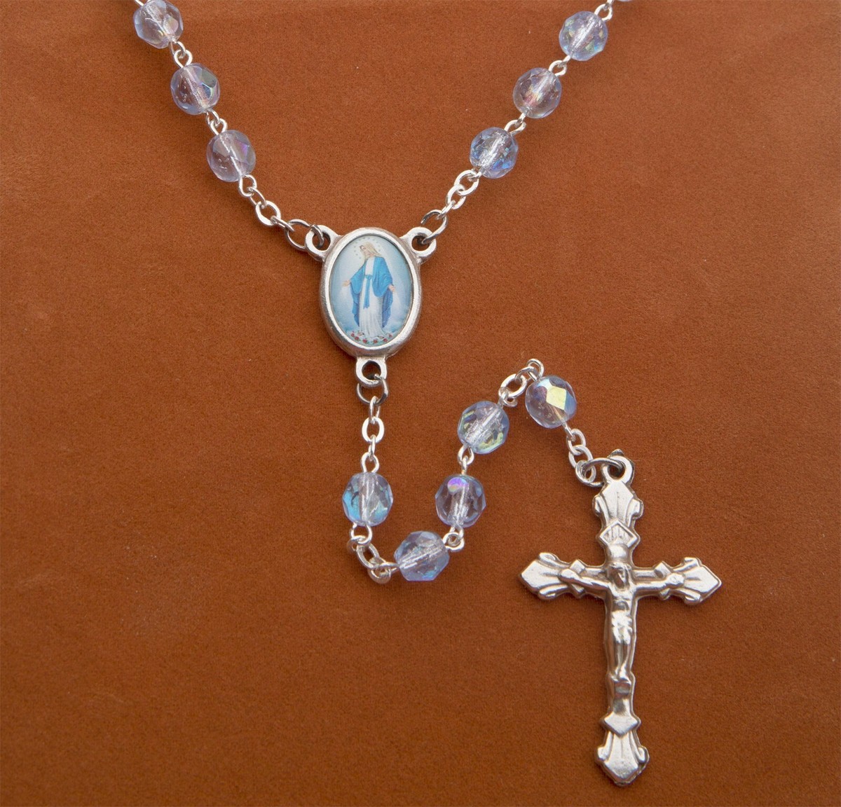 Women's Miraculous Medal Catholic Rosary Beads Blue Glass Beads Divine Mercy