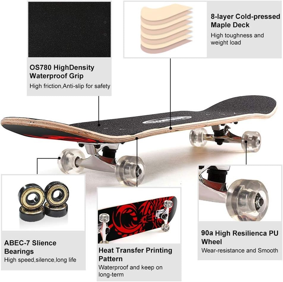 31-Inch Red Double Kick Skateboard - 8-Layer Maple Longboard for Kids