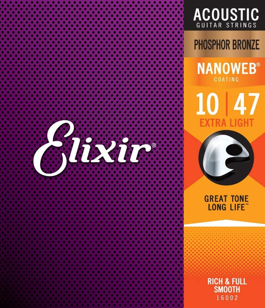 Elixir Phosphor Bronze Acoustic Guitar Strings NANOWEB Extra Light .010-.047