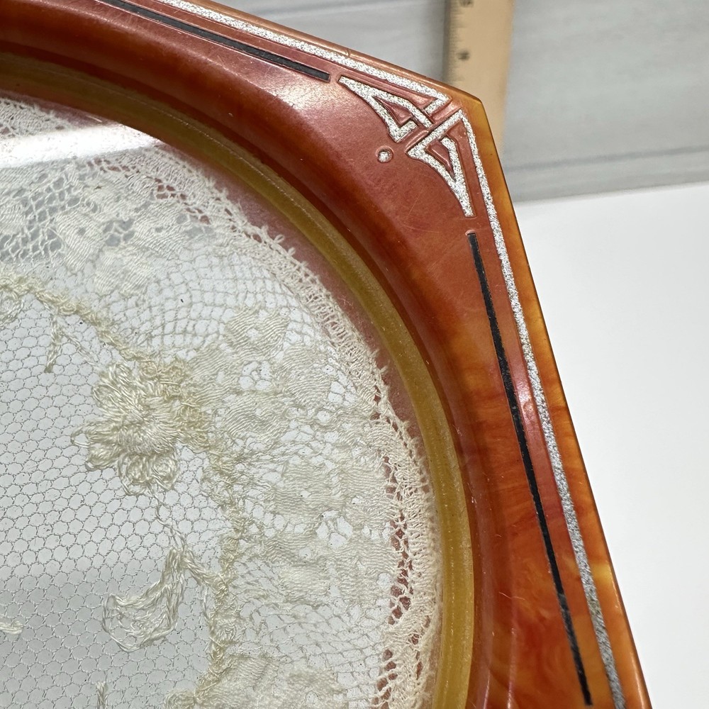 Vintage Art Deco Celluloid Vanity Tray with Lace Insert