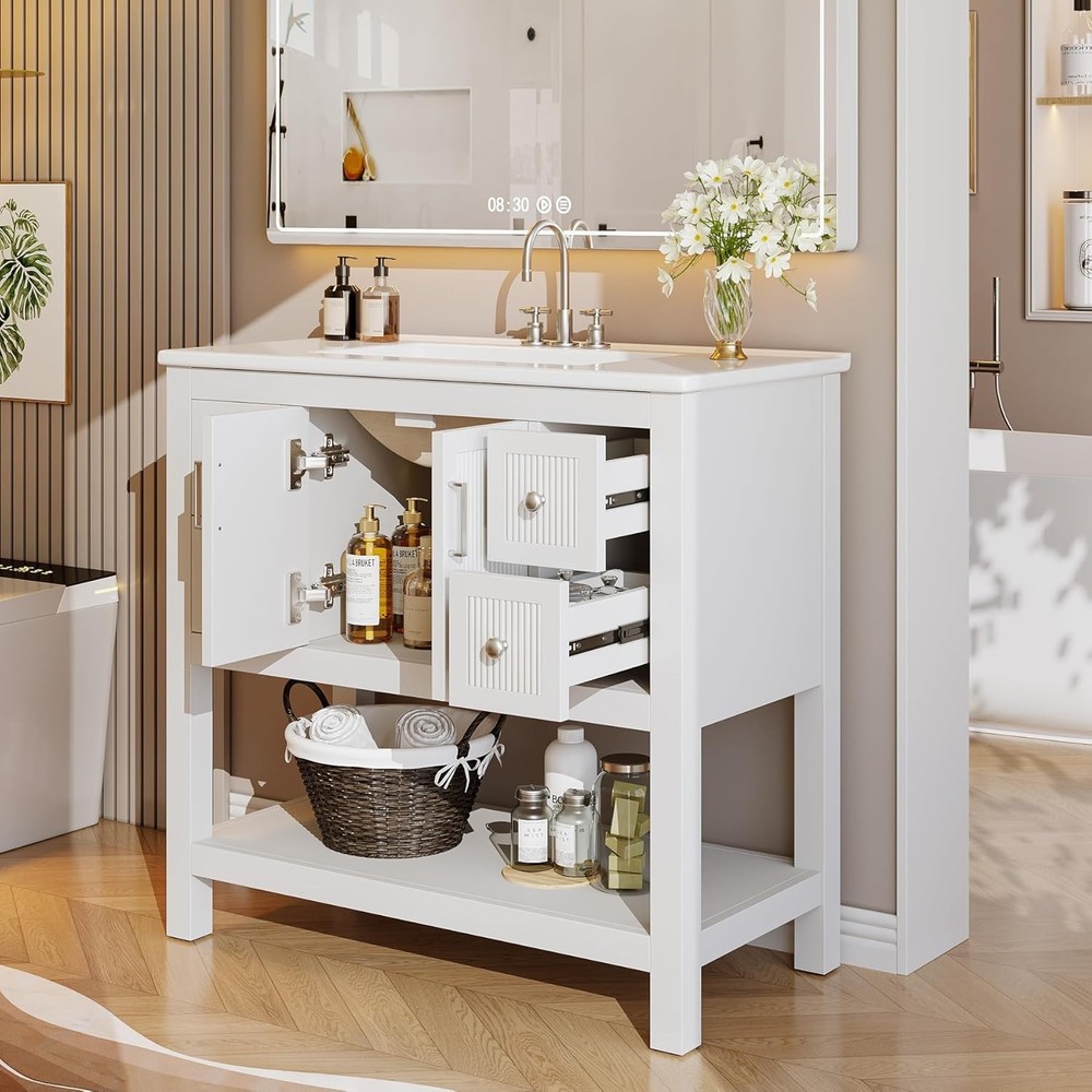 36" Modern Bathroom Vanity with Sink, Solid Wooden Freestanding Vanity Cabinet