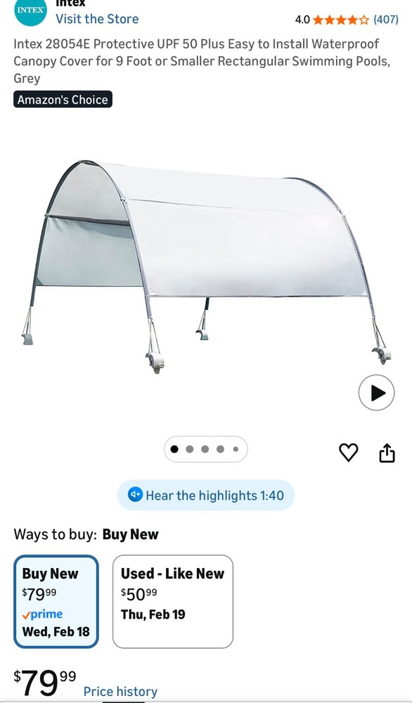 Intex 28054E Protective Canopy for 9 Ft or Smaller Rectangular Pools (Open Box)