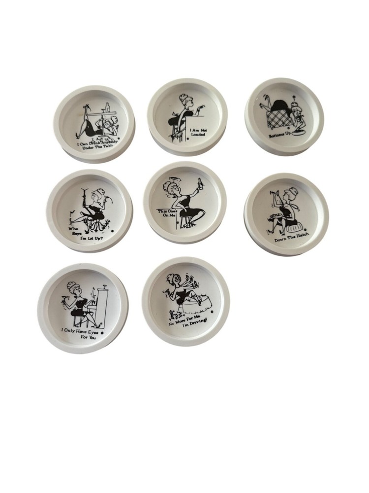 Vintage Plastic Coaster 8 Drinking Bar Humor Black White