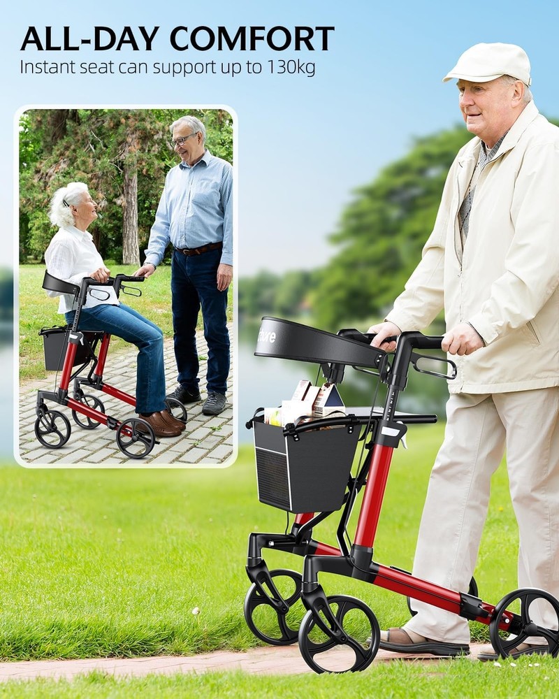 Foldable Rollator Walker with Seat & Back 16lb 8" All-Terrain Wheels Red