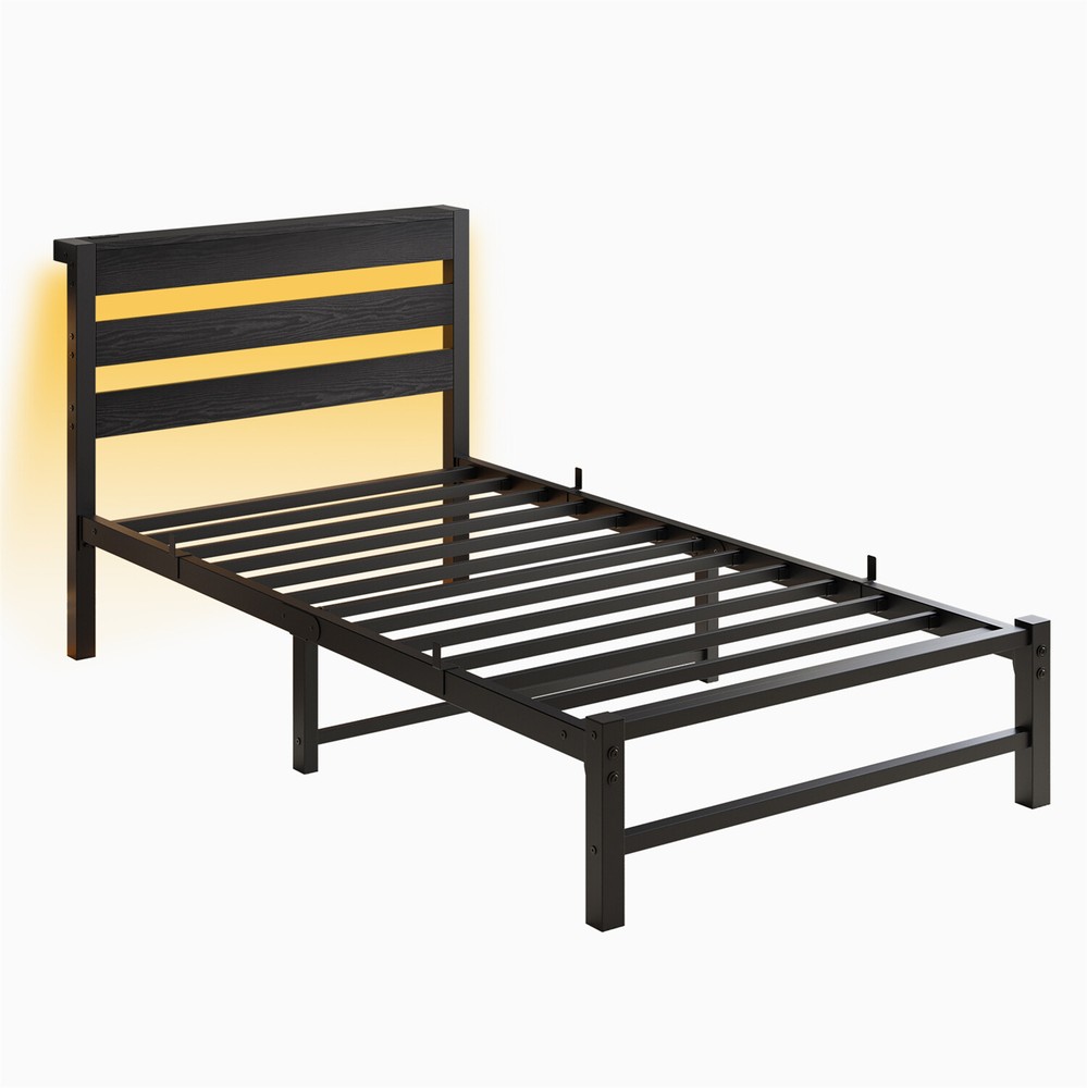 Twin Size Bed Frame Metal Platform Bed with LED Light & Charging Station