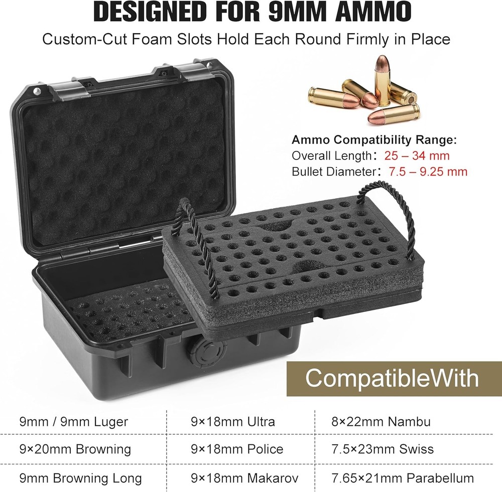 Waterproof 9mm Ammo Storage Case - Compact Ammo Case for Ammo Storage, Compatibl