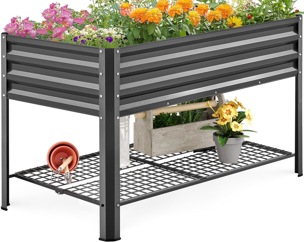 Large Raised Garden Bed with Legs & Storage Shelf Galvanized Elevated Planter...