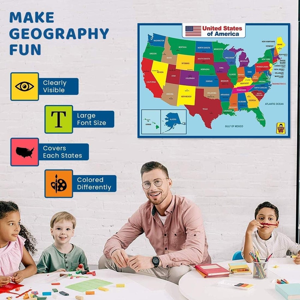 United State Map Laminated Poster -Double Side 18 x 24 Inch, Multicolor