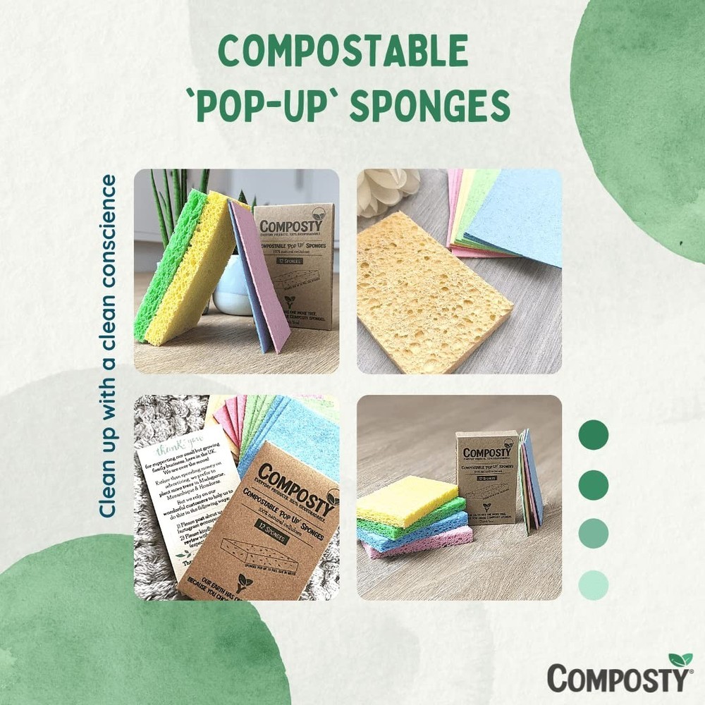 Eco-Friendly 12-Pack Pop-Up Compostable Kitchen Sponges, Non-Scratch & Biodeg...