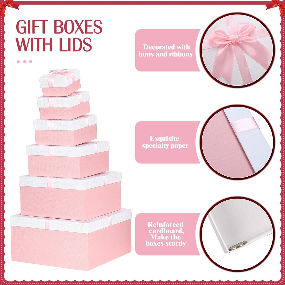 Large Nesting Gift Boxes with Lid Ribbon Square Pink 6 Pack 6 Sizes