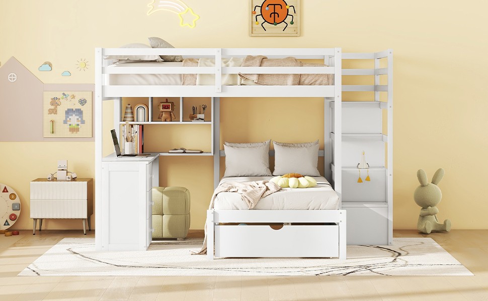 Twin Bunk Bed with Desk, Drawers & Bookcase, White Solid Wood Storage