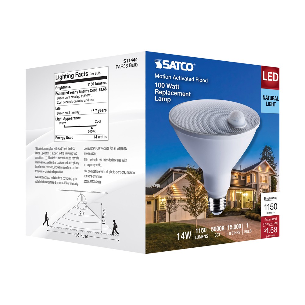 Motion Sensor Activated 40° Flood LED 120V 14W =100W PAR38 E26 5000K Natural