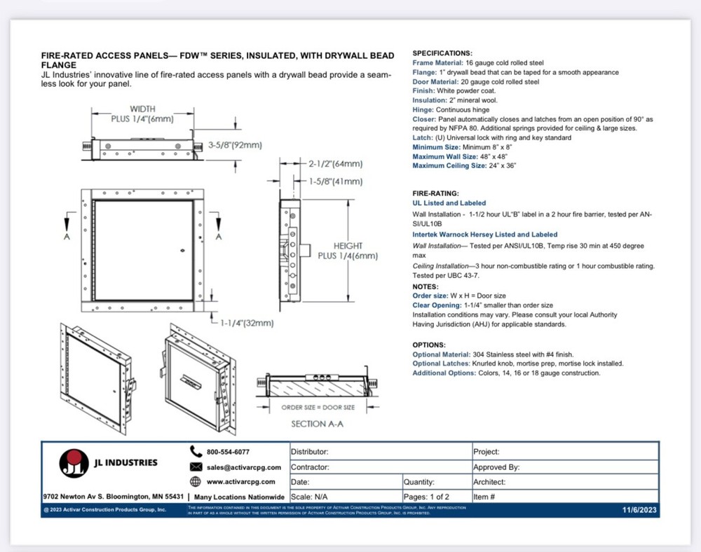 12” X 18” Fire Rated Access Panel