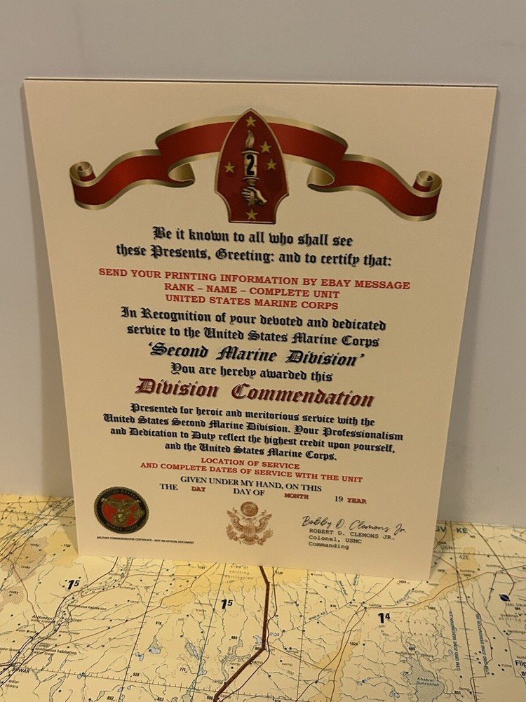 U.S.M.C. / 2ND MARINE DIVISION ~ DIVISION COMMENDATION REPLACEMENT CERTIFICATE