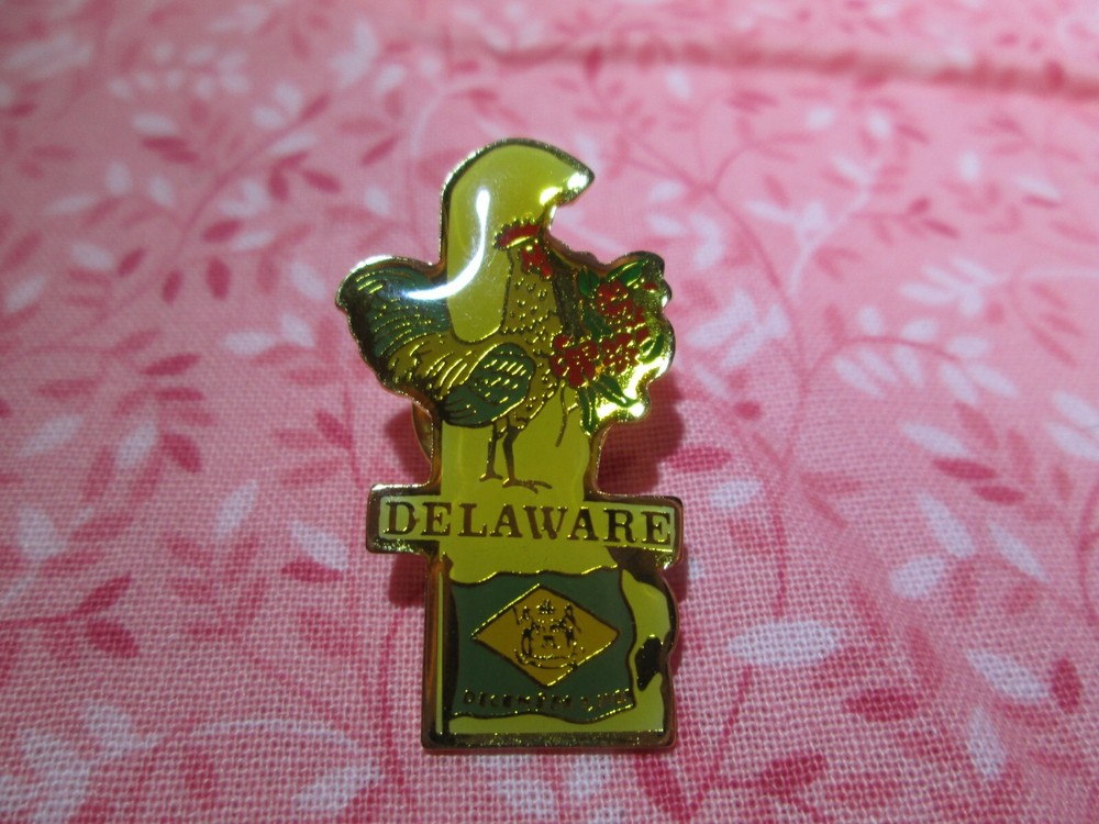 Delaware Souvenir Lapel Hat Pin - State Flag Rooster Flower - State-Shaped - 4E