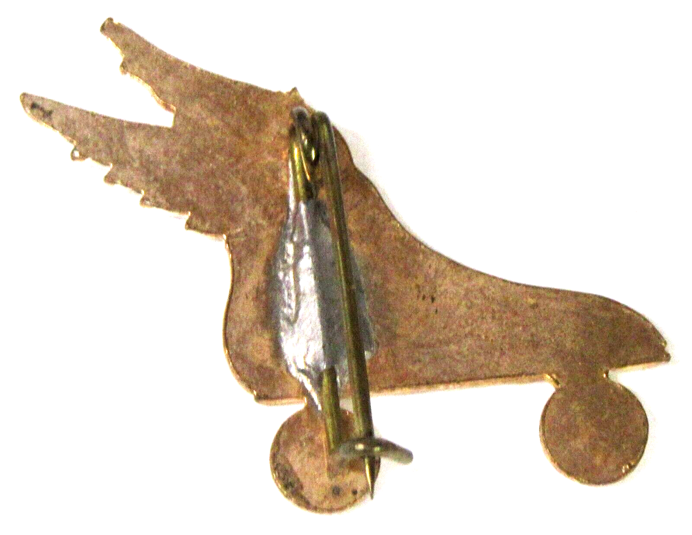 1930's WINGED ROLLER SKATE figural brass pinback button brooch ^