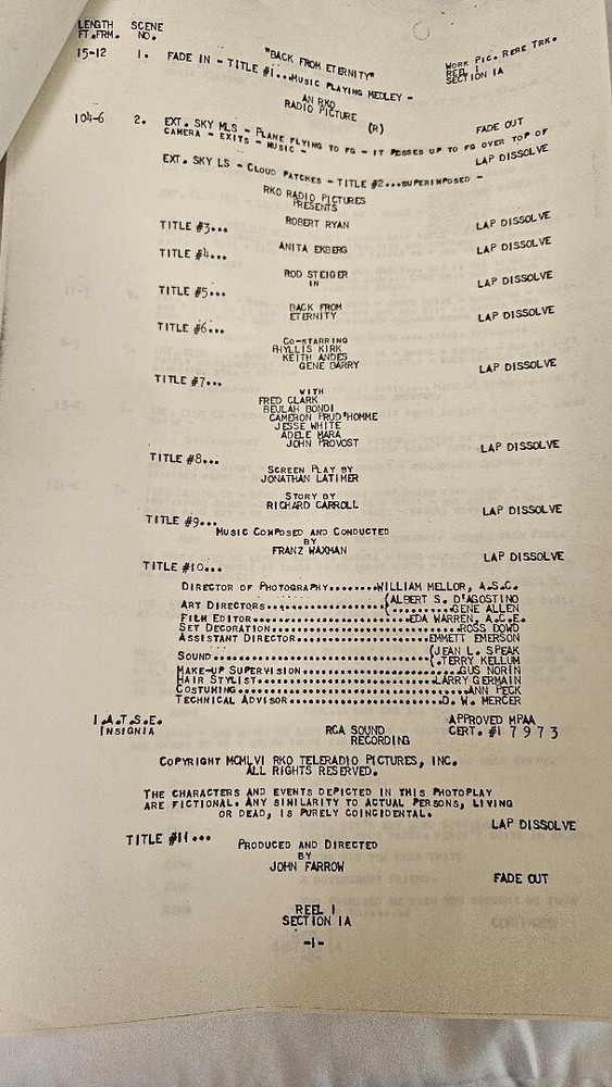 Vintage Hollywood Movie Script- Cutting Continuity on "Back From Eternity"