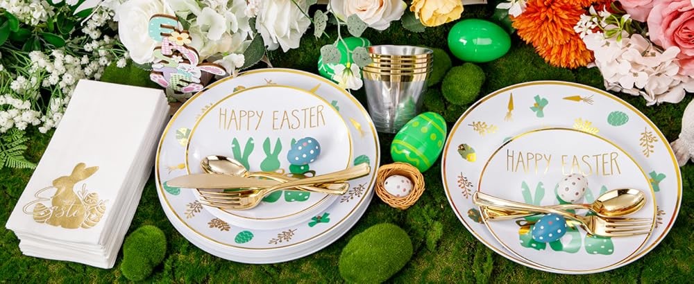 Easter Plastic Plates, Bunny Plastic Disposable Dinnerware Set
