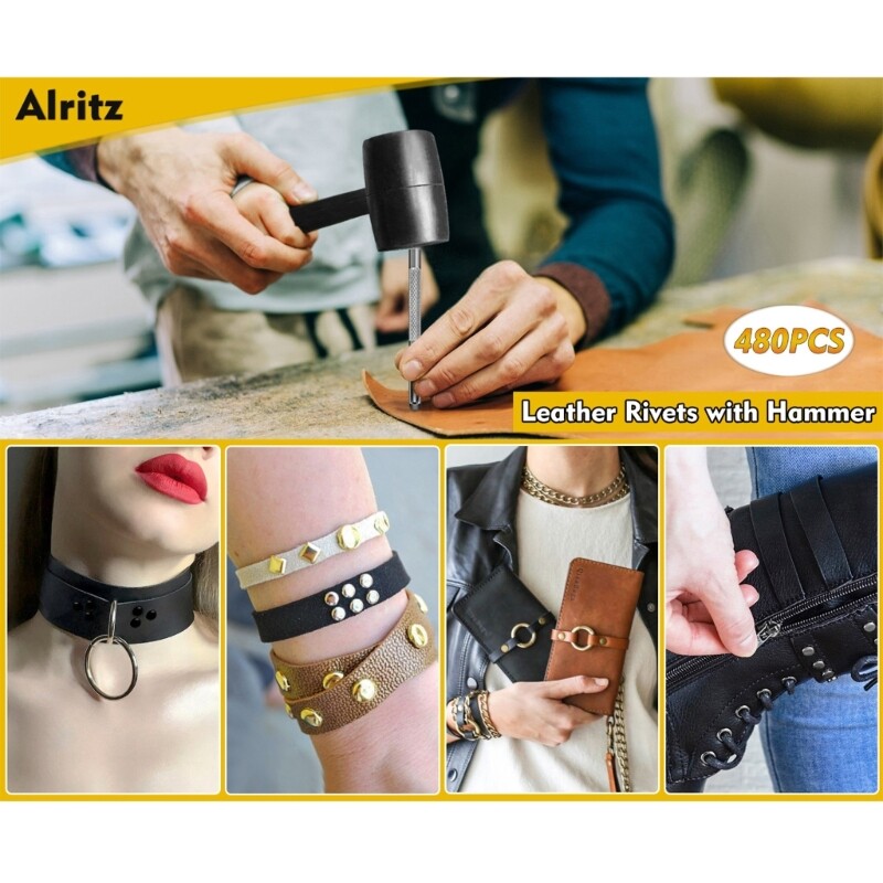 480 Set 4 Color Leather Rivets, Double Caps Rivets with Hammer