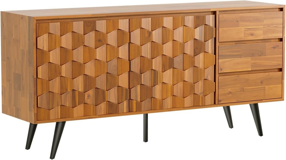 Mid Century Modern Solid Wood Sideboard with 2 Doors & 3 Drawers, Teak Brown