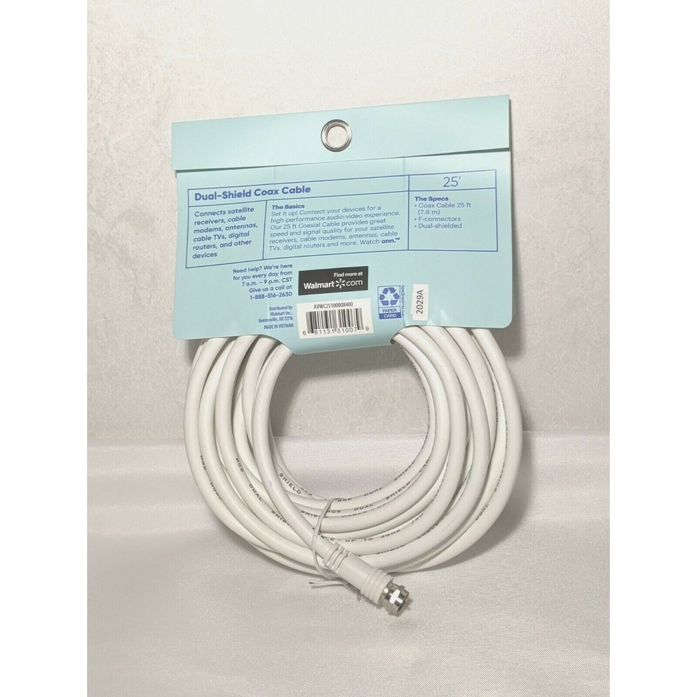 Watch ONN 25' Dual-Shield Coax Cable White NEW