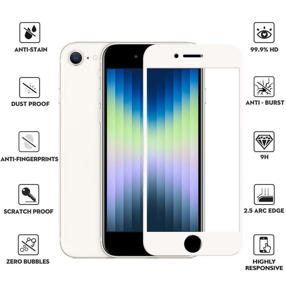 For iPhone SE 2022 2020 7 8 Full Coverage Tempered Glass Screen Protector Cover