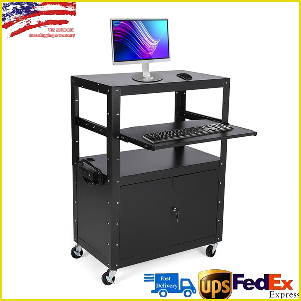 AV Cart with Locking Cabinet, Rolling Computer Cart Media Cart Adjustable Height