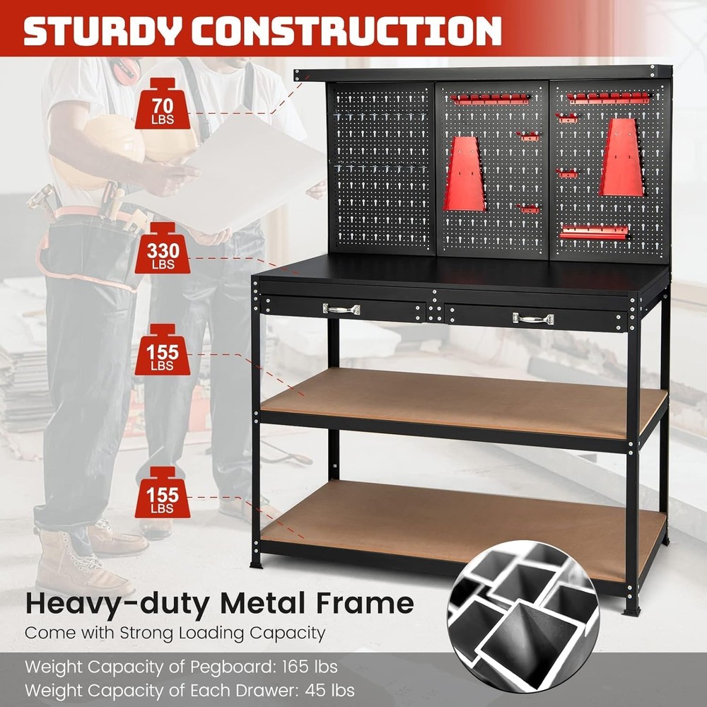 Robust 48" x 24" Heavy Duty Workbench with Pegboard & 2 Drawers - Easy Assemble