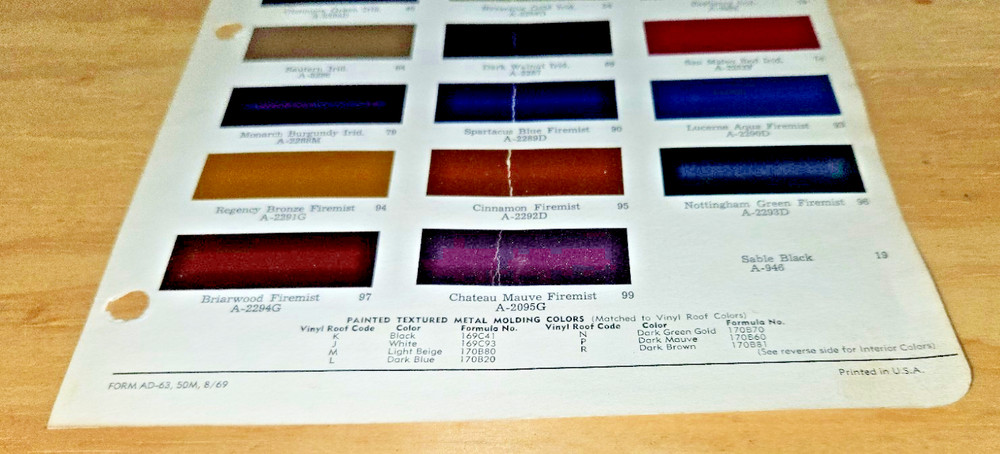 1970 CADILLAC Eldorado PAINT CHIPS Chart RM Automotive Color List Codes chip