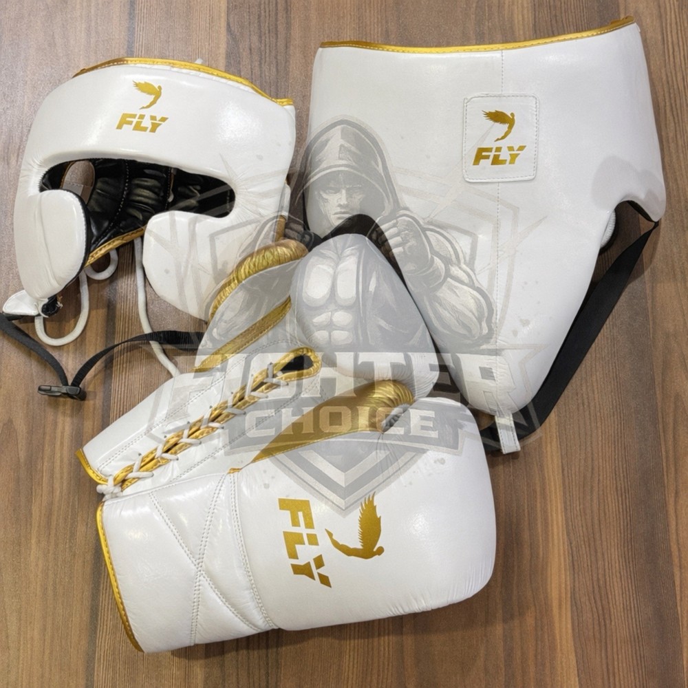 Fly Boxing Set White Gold Cowhide Leather Sparring & Training