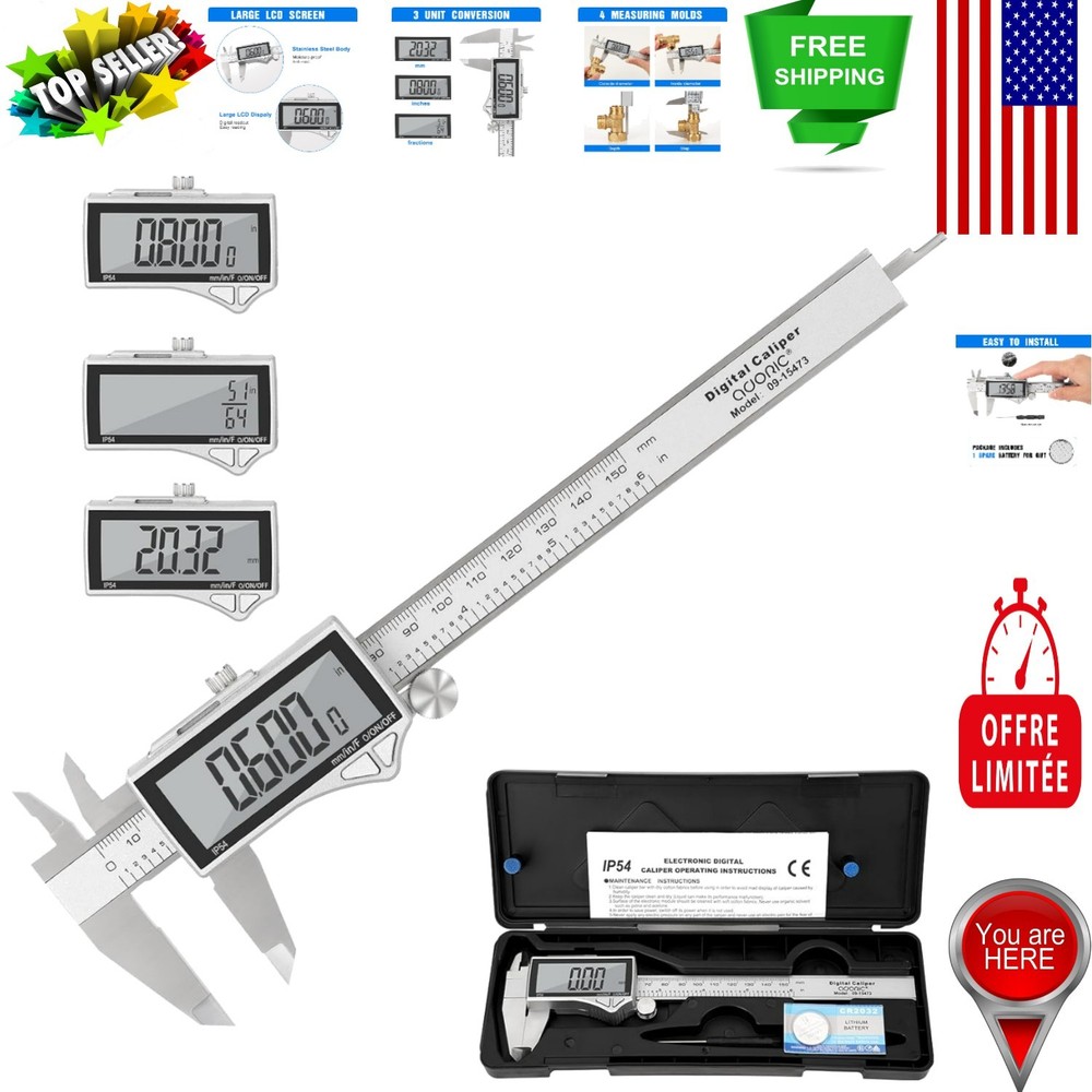Precision Digital Caliper - 0-6" Stainless Steel Tool with Large LCD Display