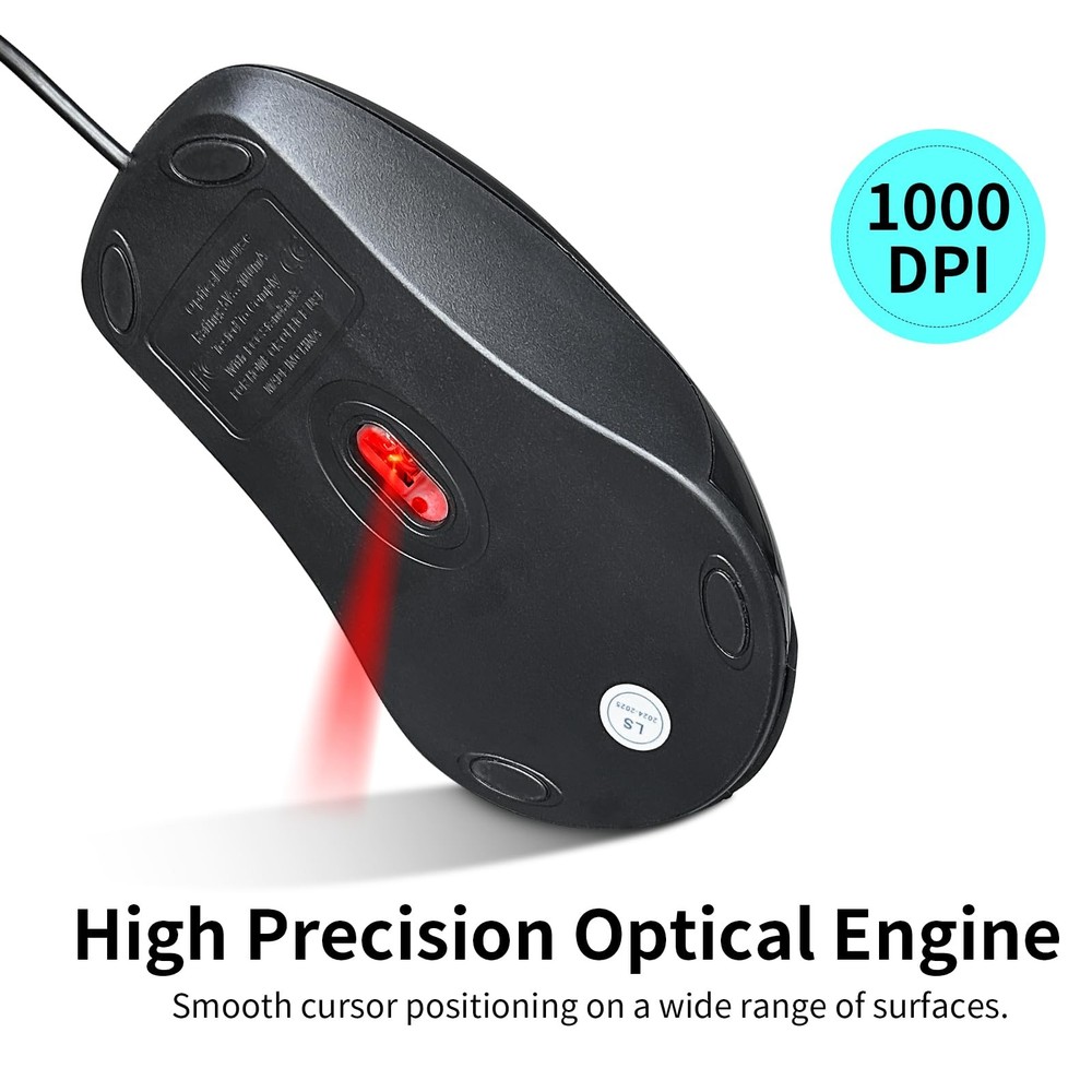 High-Performance Wired PS2 - 1000 DPI Resolution, Black, 5ft Cable, Includes ...